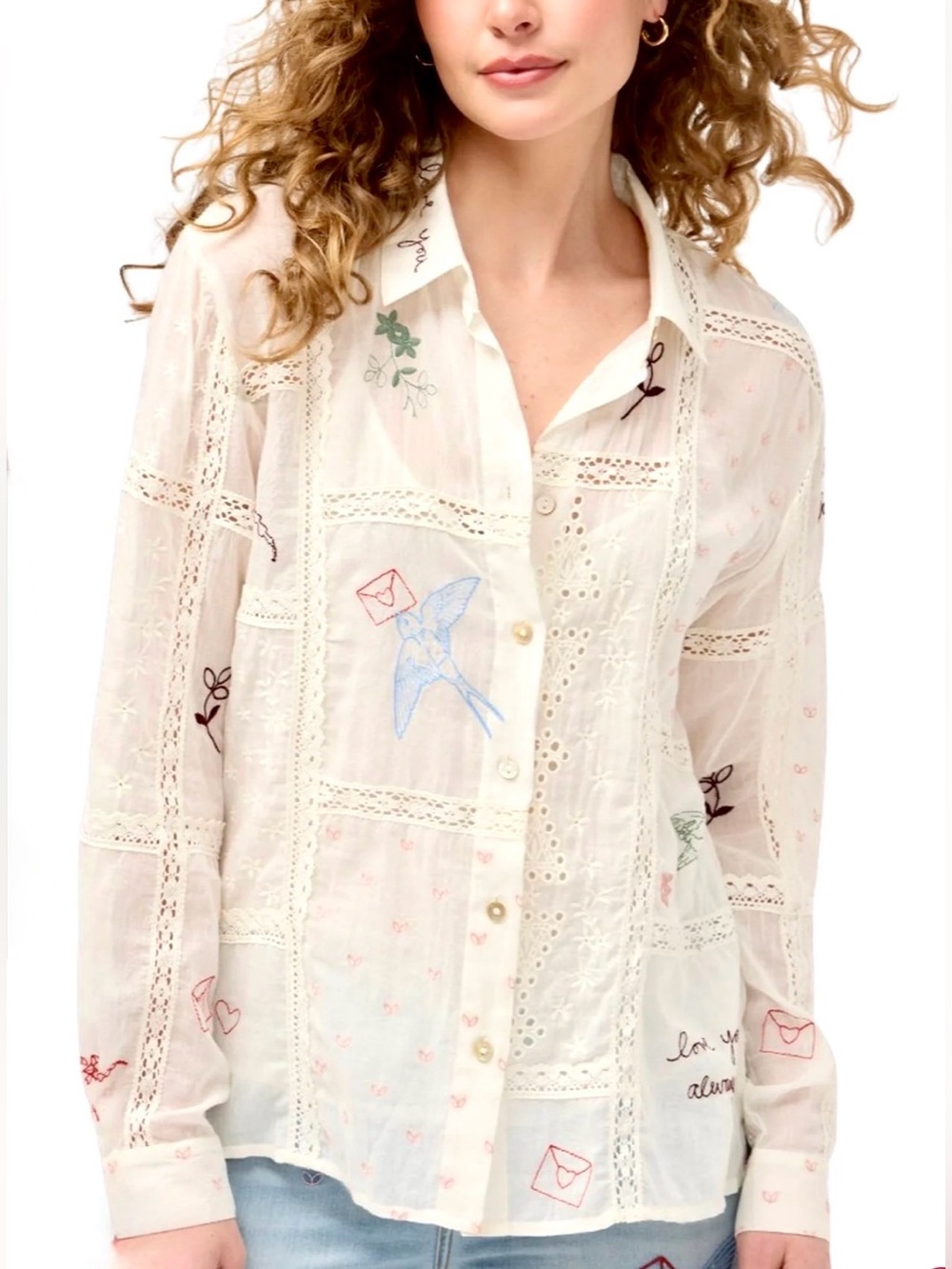 Johnny Was Sheer Cream Embroidered Button-Down Shirt with Multicolor Motifs